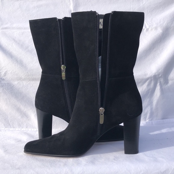 Anne Klein Black Suede Mid Calf High Heel Boots w/Square Toe - Picture 6 of 16